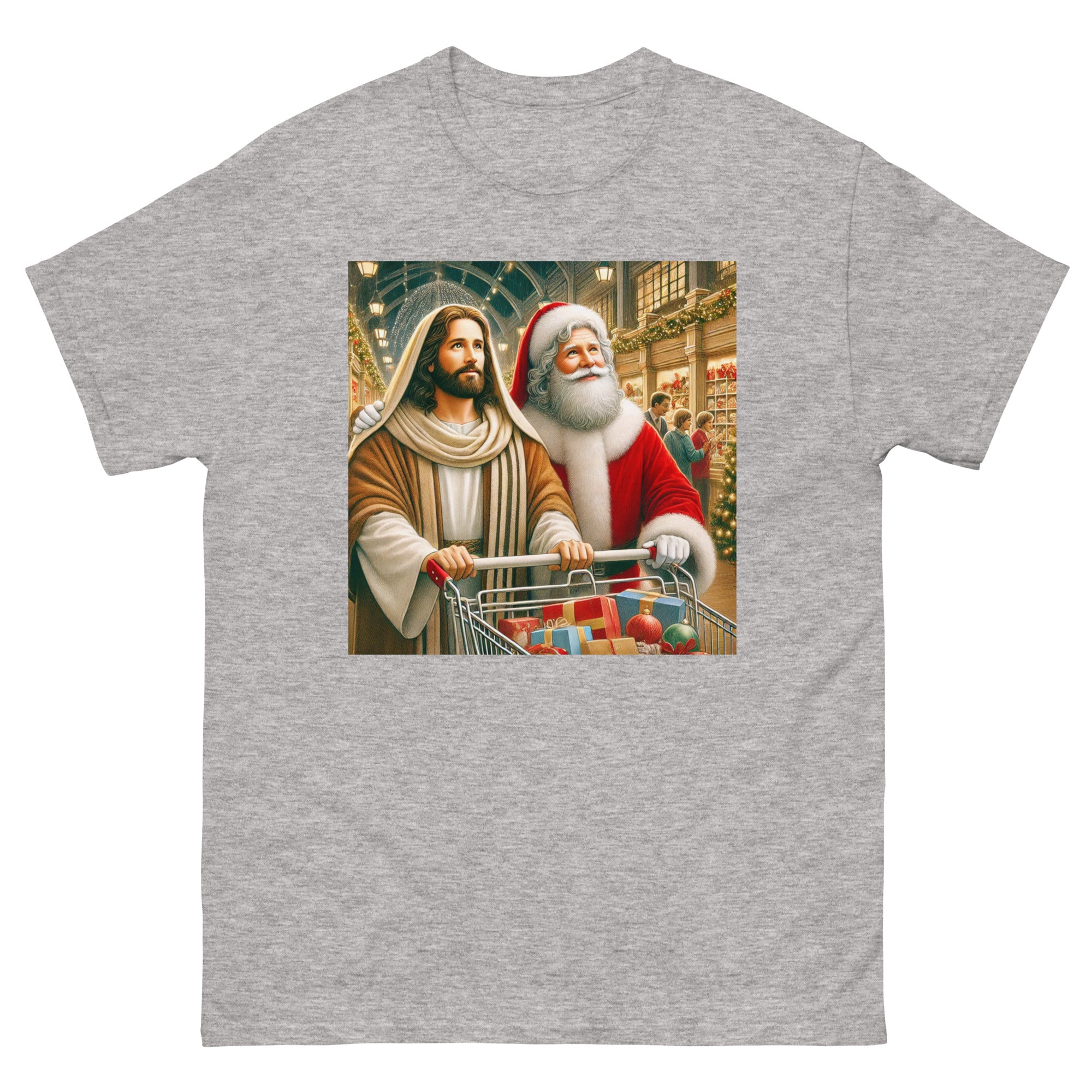 Santa and Jesus Christmas Shopping tee