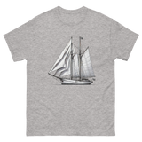 Gaff rig ketch sailboat line drawing t-shirt in sport grey, front view