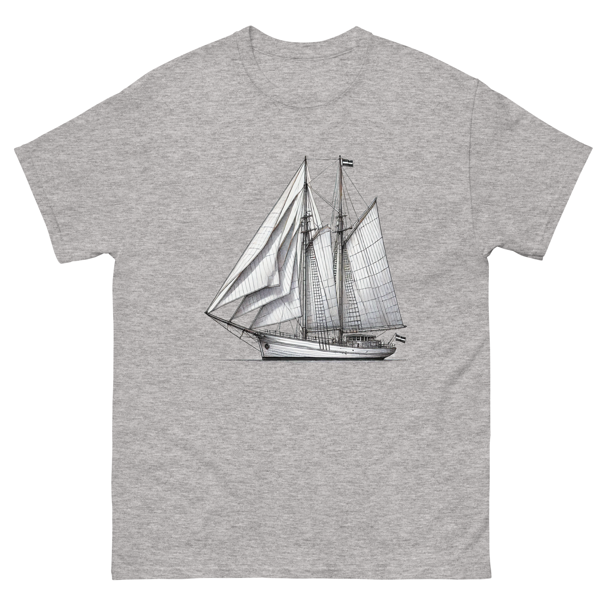 Gaff rig ketch sailboat line drawing t-shirt in sport grey, front view