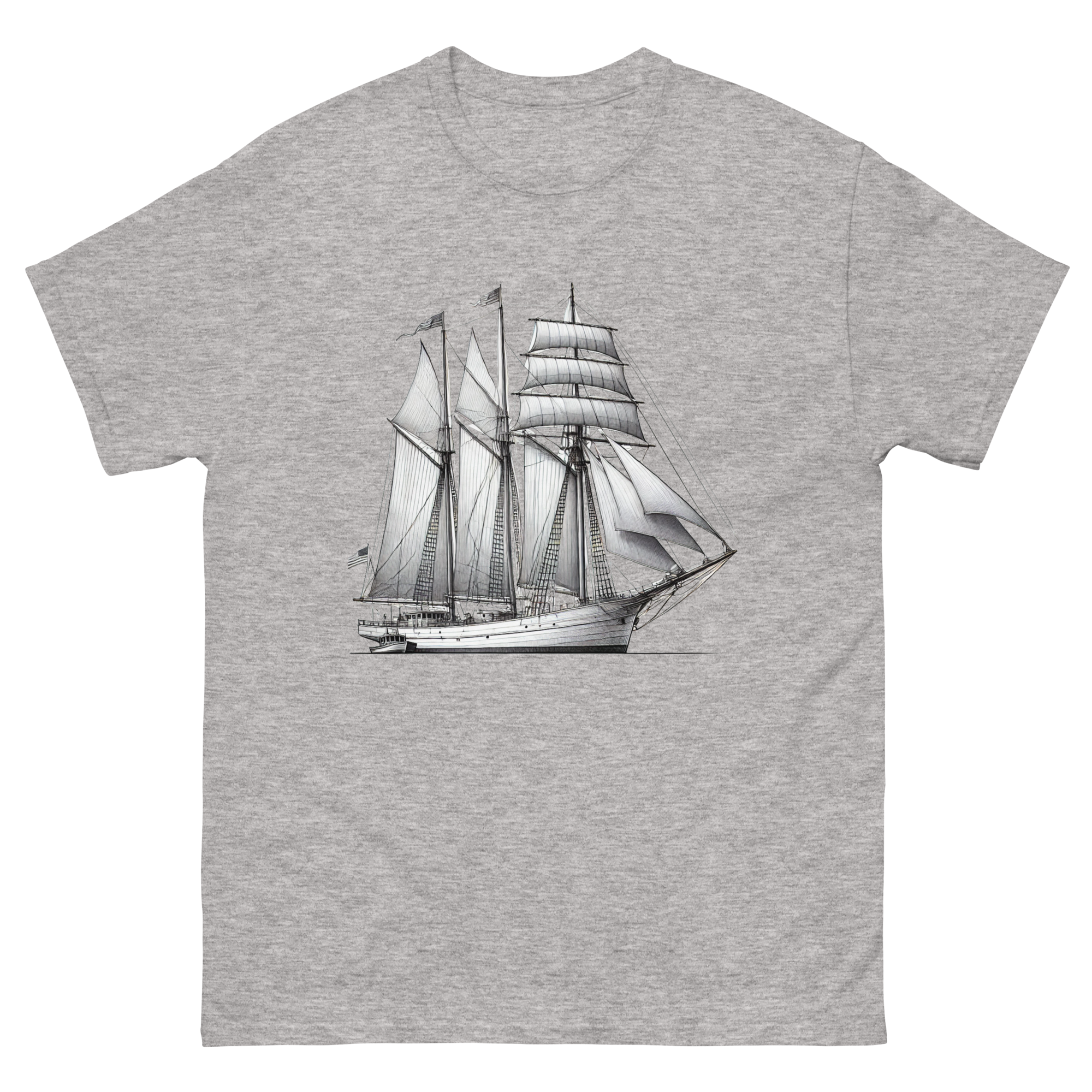 Schooner sailboat line drawing t-shirt in sport grey color, front view