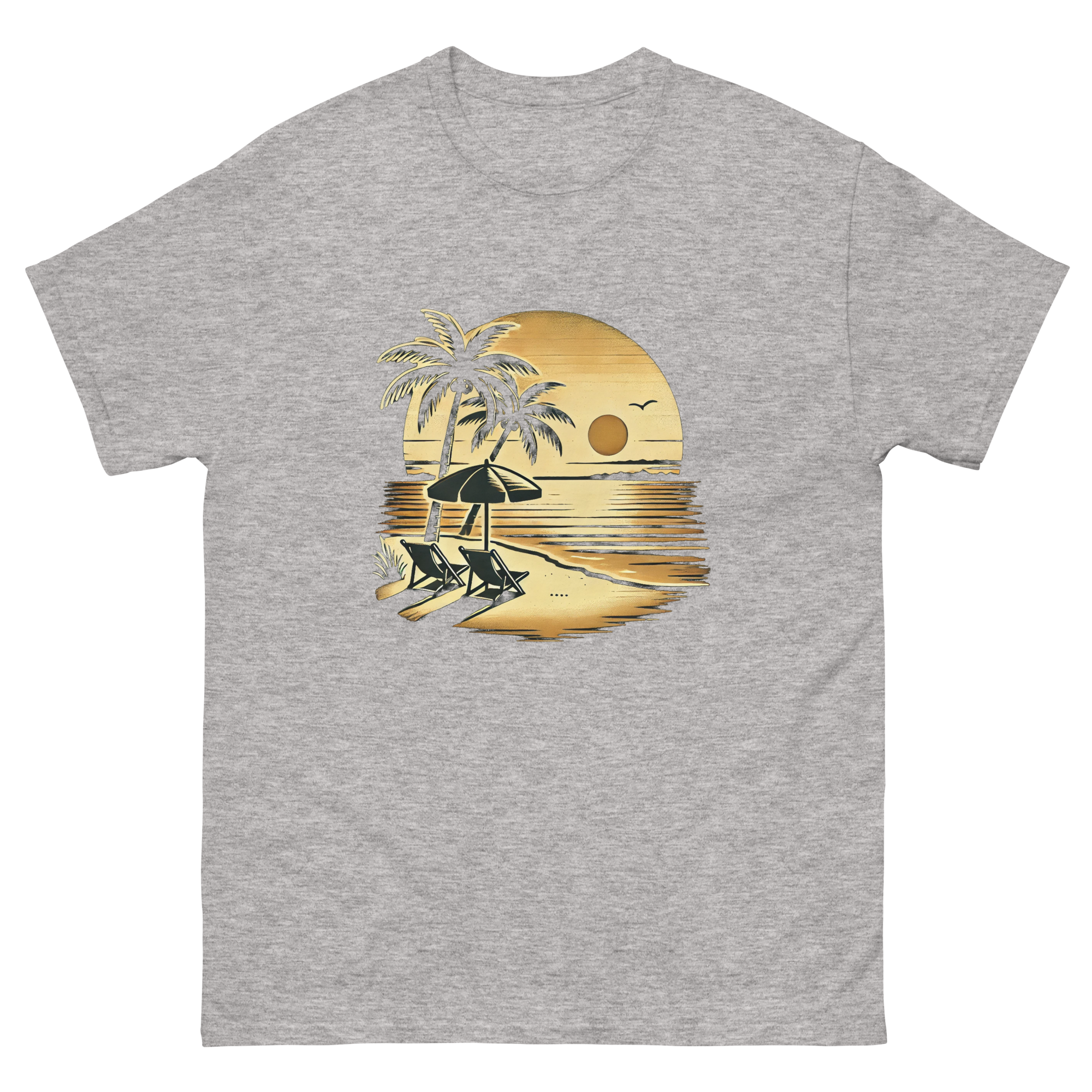 Beach serene scene at sunset t-shirt in sport grey color, front view