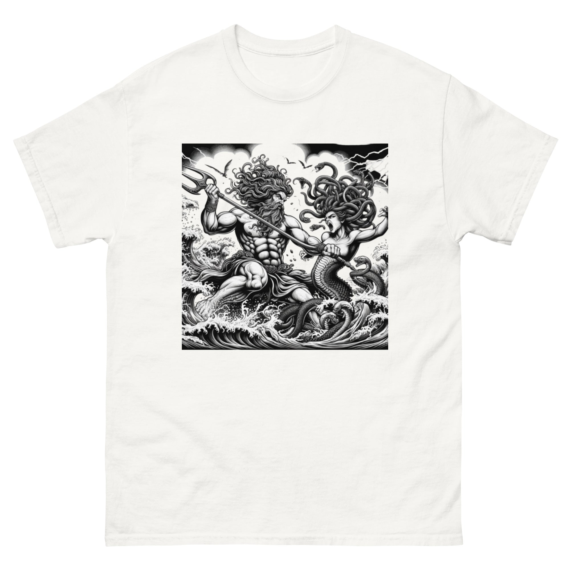 Poseidon Battling Medusa T-Shirt in White