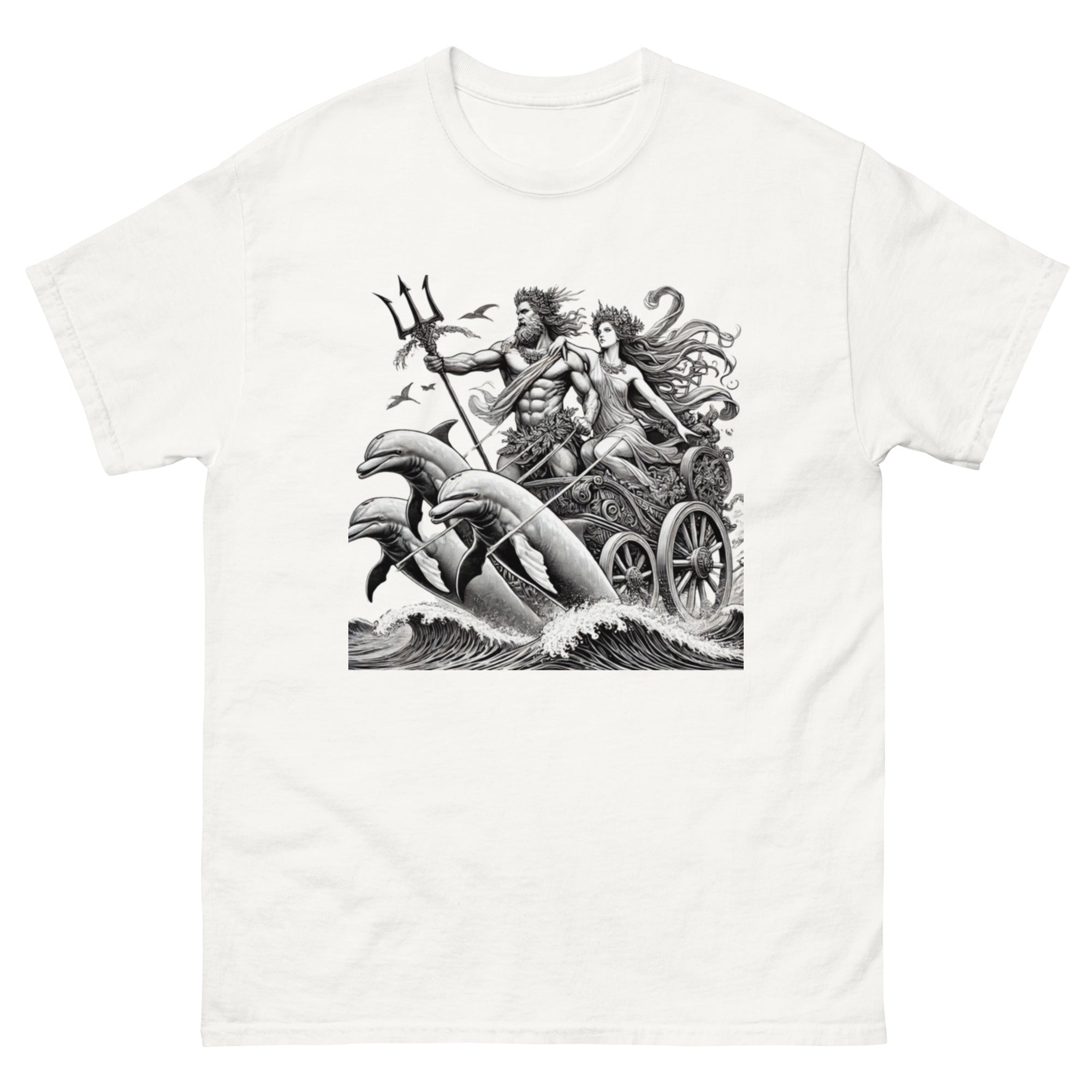 Poseidon and Amphitrite Chariot with Dolphins T-Shirt in White