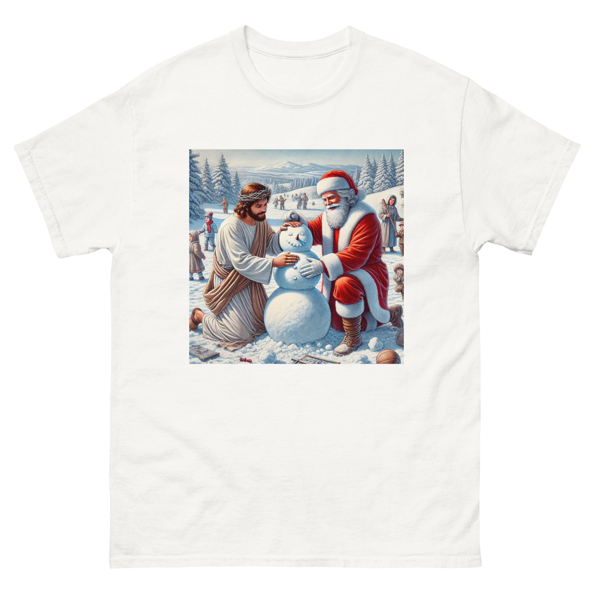 Santa and Jesus making a snowman tee