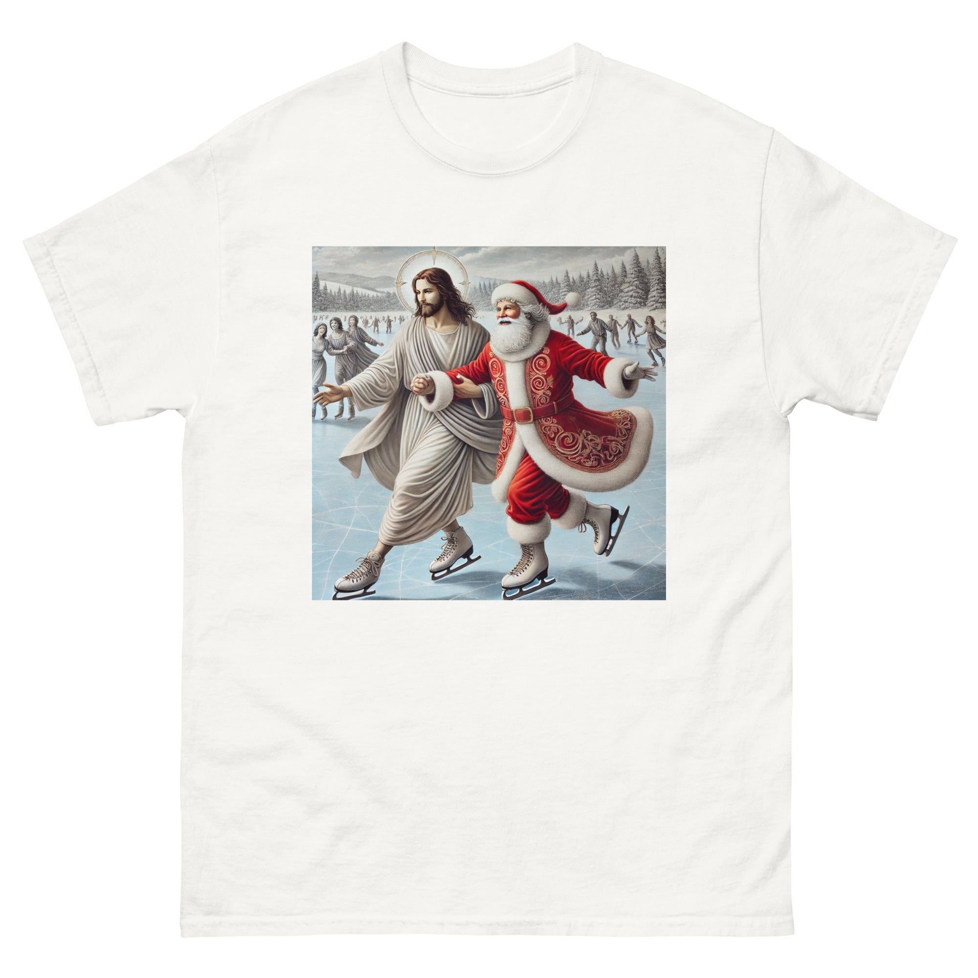 Santa and Jesus Ice Skating tee