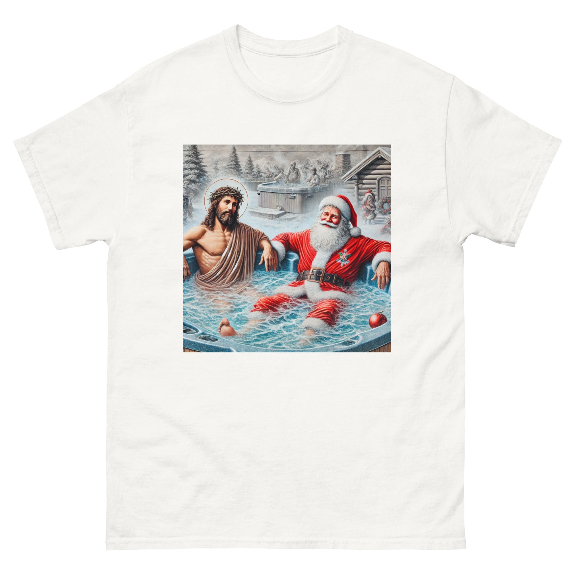 Santa and Jesus in a Hot tub tee