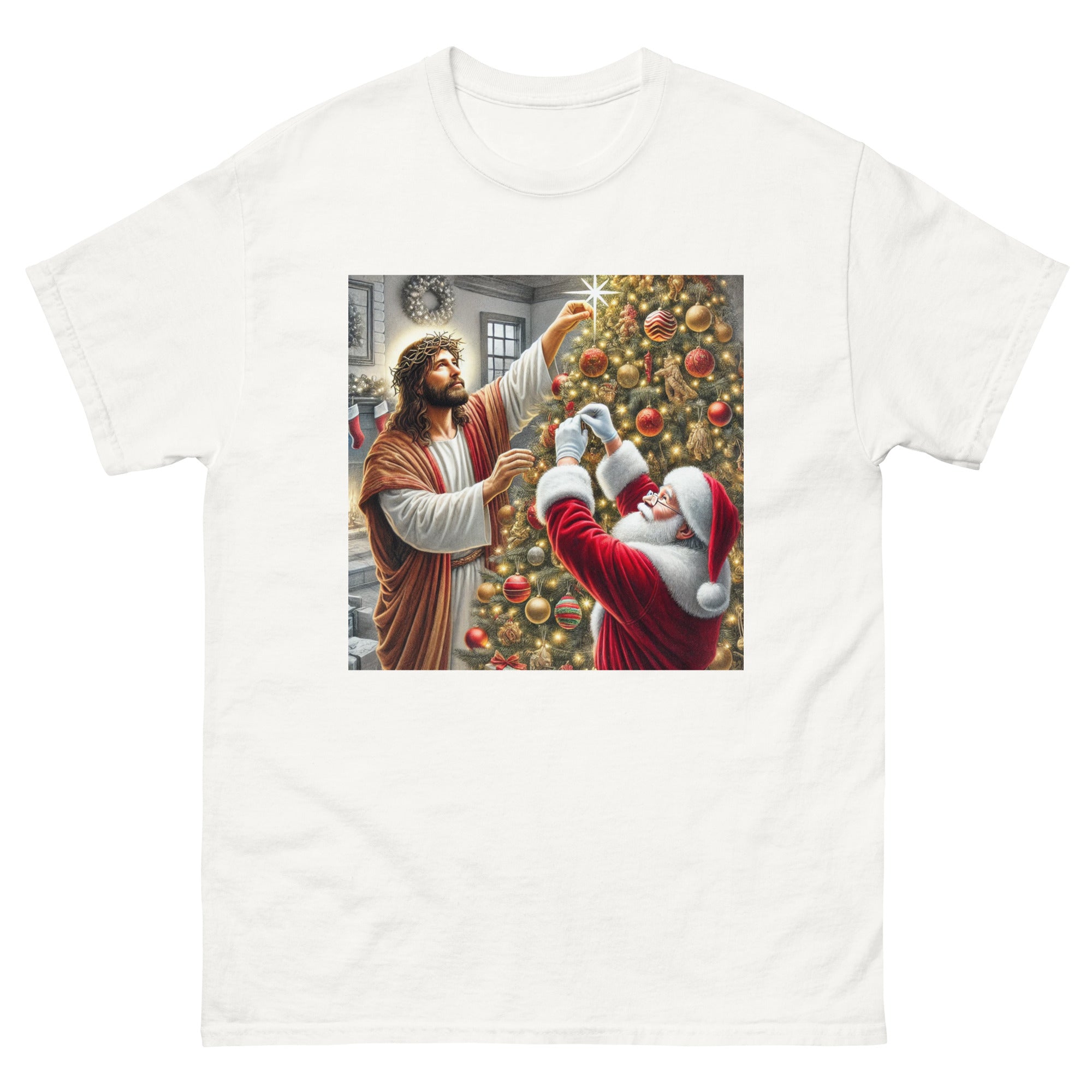 Santa and Jesus Decorating the Tree tee