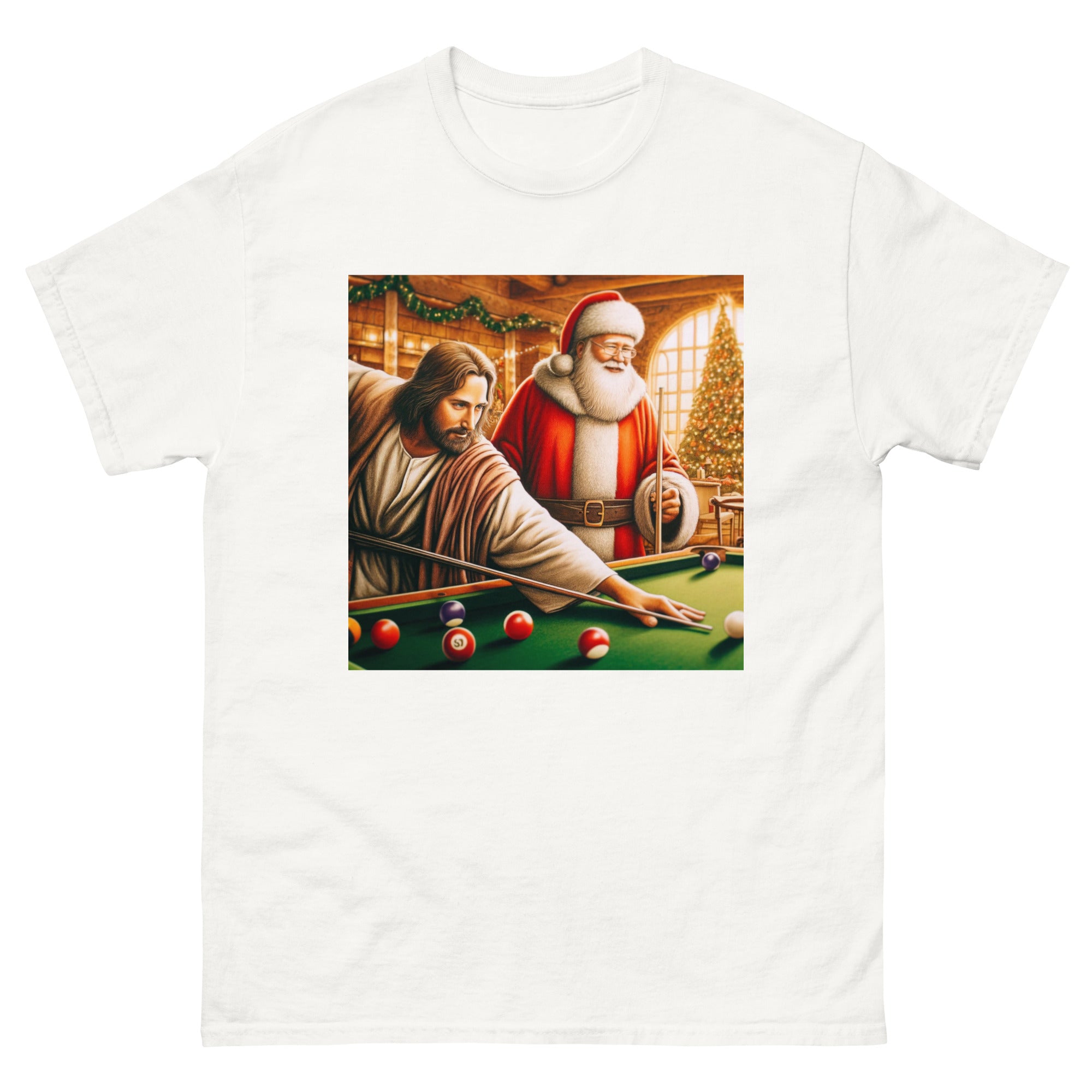 Santa and Jesus Shooting Pool tee