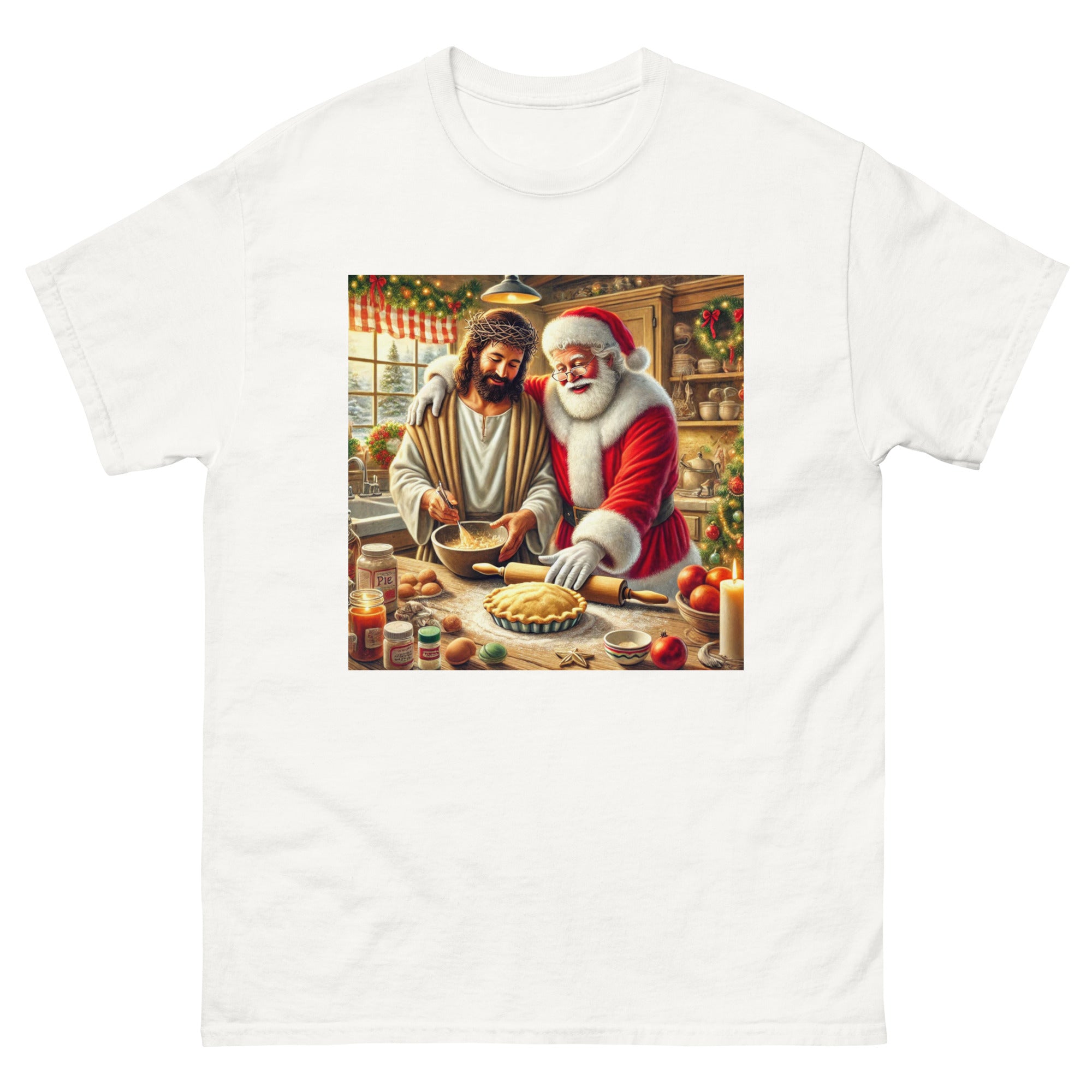 Santa and Jesus Making a Pie tee