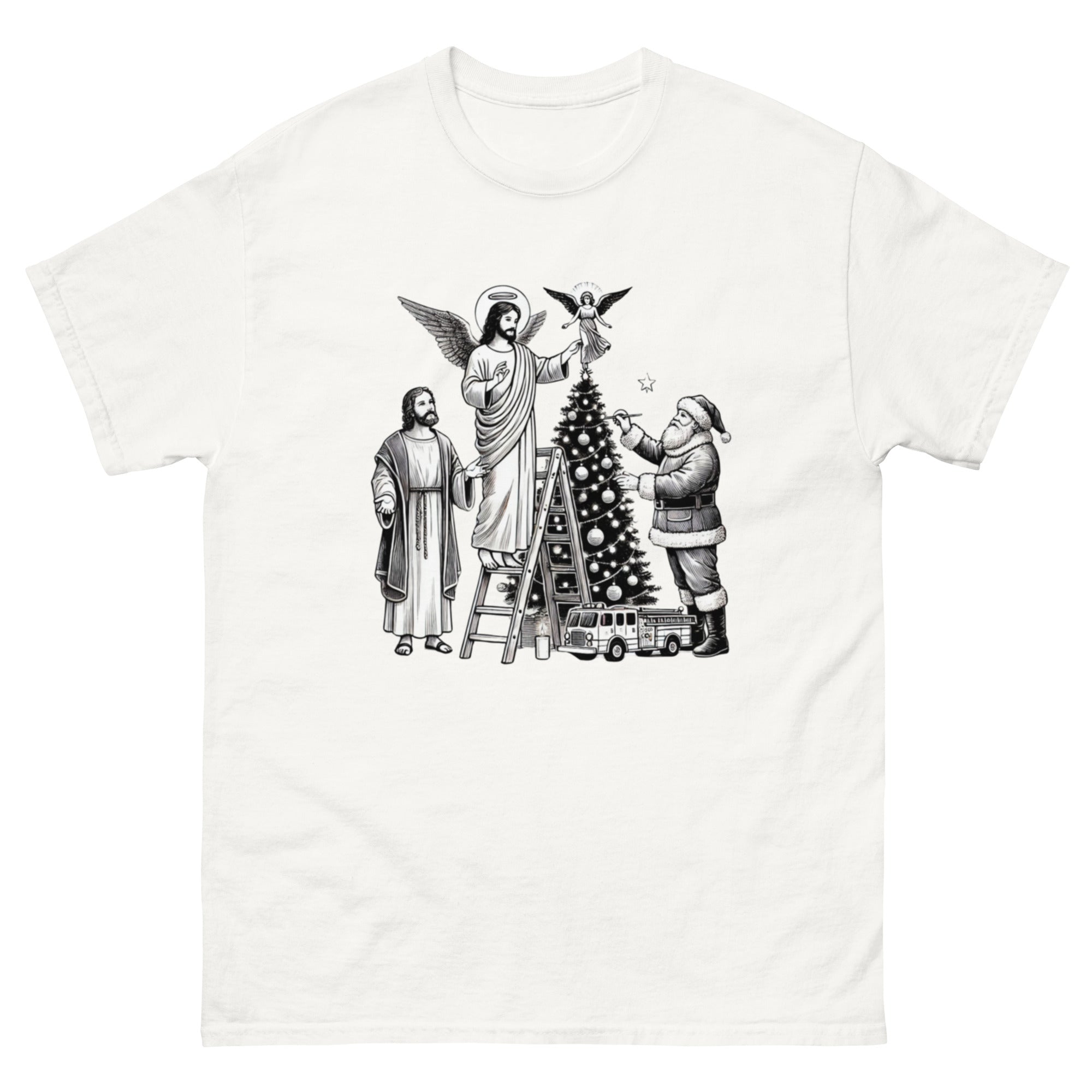 Jesus and Santa Decorating the Christmas Tree tee