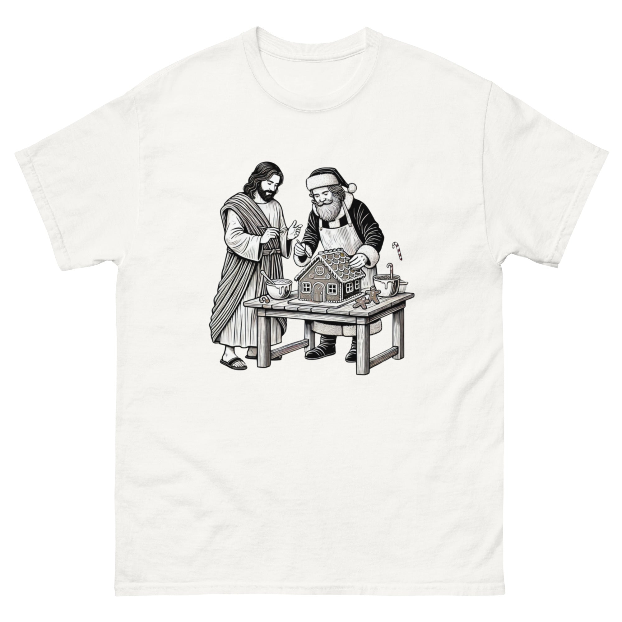 Jesus and Santa Making a Gingerbread House tee