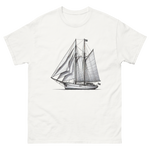 Gaff rig ketch sailboat line drawing t-shirt in white, front view