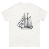 Gaff rig ketch sailboat line drawing t-shirt in white, front view