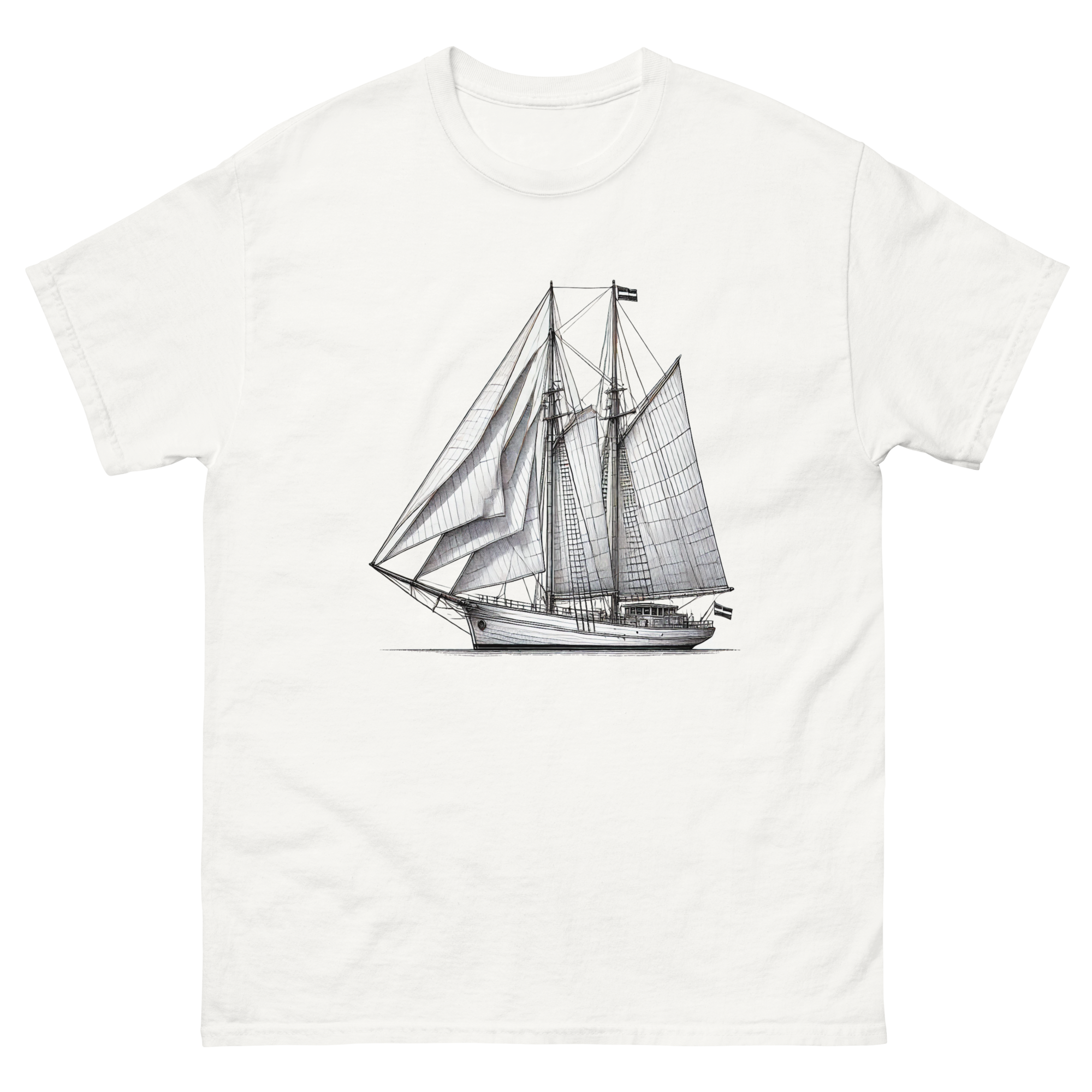 Gaff rig ketch sailboat line drawing t-shirt in white, front view