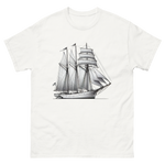 Schooner sailboat line drawing t-shirt in white color, front view