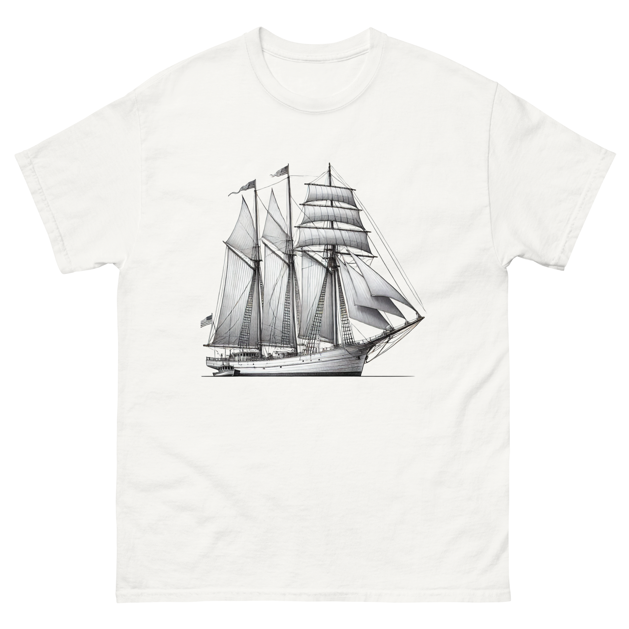 Schooner sailboat line drawing t-shirt in white color, front view