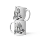 Front stacked view of Schooner sailboat line drawing glossy ceramic mug.