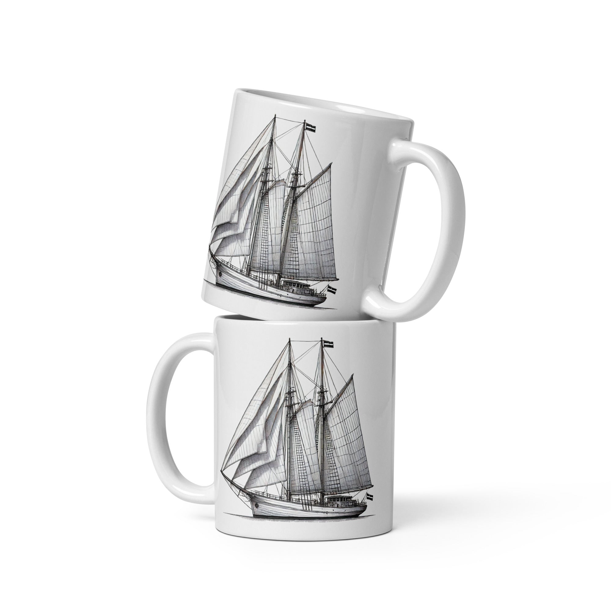 Front stacked view of Gaff rig ketch sailboat line drawing glossy ceramic mug.