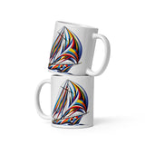 Front stacked view of Surreal color sailboat glossy ceramic mug 11 oz.