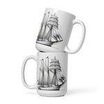 Front stacked view of Schooner sailboat line drawing glossy ceramic mug.