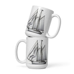 Front stacked view of Gaff rig ketch sailboat line drawing glossy ceramic mug.