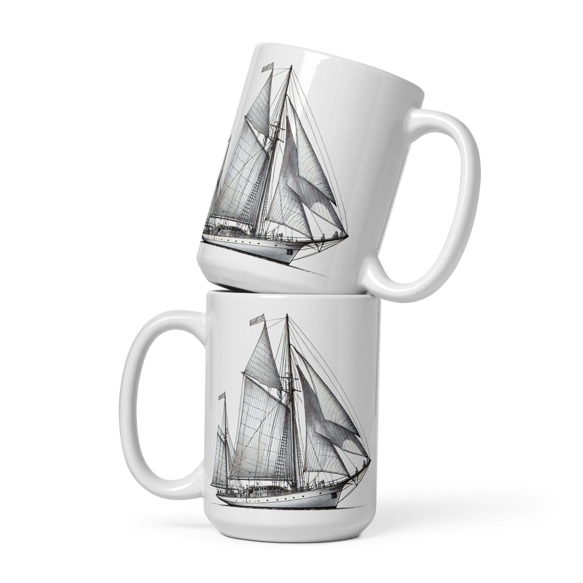 Front mug view of Cutter rig yawl sailboat line drawing glossy ceramic mug.