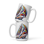 Front stacked view of Surreal color sailboat glossy ceramic mug 15 oz.