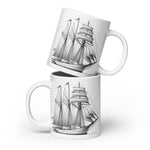 Front stacked view of Schooner sailboat line drawing glossy ceramic mug.