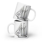 Front stacked view of Gaff rig ketch sailboat line drawing glossy ceramic mug.