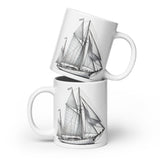 Front stacked view of Cutter rig yawl sailboat line drawing glossy ceramic mug.