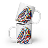 Front stacked view of Surreal color sailboat glossy ceramic mug 20 oz.